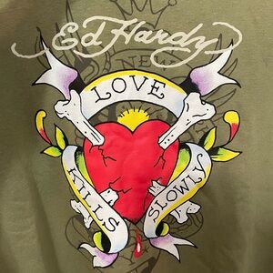 Ed Hardy lt olive long sleeve pullover hoodie double sided graphics XL New